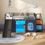 Low Loft Bed with Slide, Storage Stairway, LED Lights, Twin Size Metal Frame, Under-Bed Play Space & Art Table 3