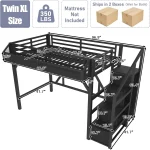 Twin XL Loft Bed Frame with Storage Stairs, Beside Shelf & Wardrobe, Metal Loft Bed Twin XL 2