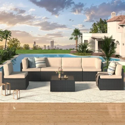 7 Piece Outdoor Patio Furniture Set, PE Rattan Outdoor Grey Wicker Furniture, Outdoor Sectional Furniture Chair Set with Cushion