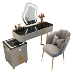 Nordic Glass Luxury Dressing Table with Smart Wireless Charging Bedroom Vanity Nightstand Makeup Table with Cloud Mirror Dresser 4