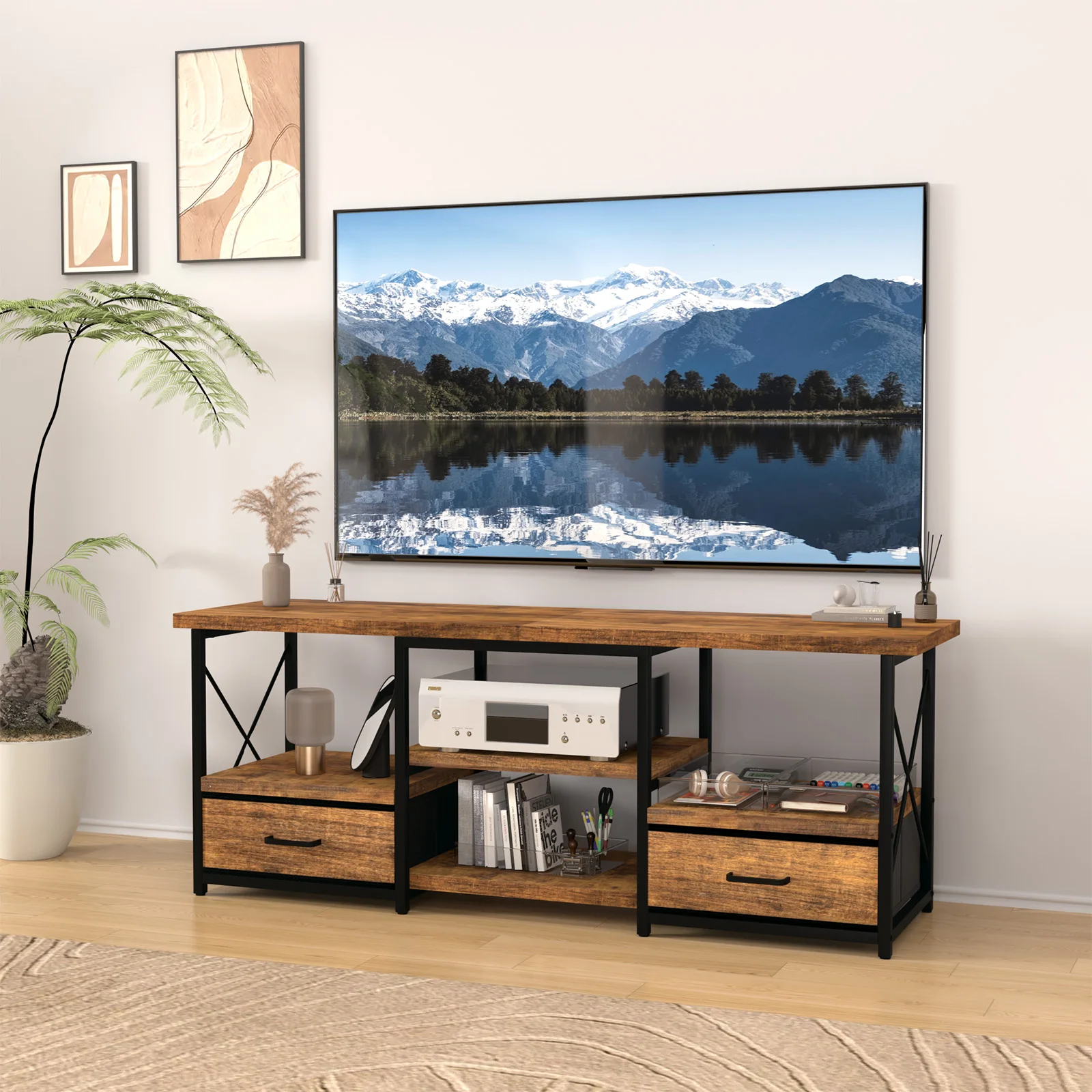 55" TV Stand with Fabric Drawers-Brown 55" TV Stand with Fabric Drawers-Brown