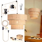 Rattan Plug in Pendant Light, 3 Tier Plug in Chandelier with Boho Wicker Lampshape Hanging Lamp 6