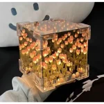DIY Tulip Mirror Cube Lamp Simulation Flower Bedroom Sleeping Table Lamp Handmade Craft Tulip Mirror Night Light Birthday GiftS 6