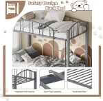 Metal Loft Bed Bunk Beds Twin Over Full Size with Heightened Safety Guardrail & Ladder, for School, Bedroom, Twin Size Grey 5