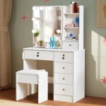 White LED Dressing Makeup Table Bedroom Vanity Set with LED Mirror Stool Drawers 6