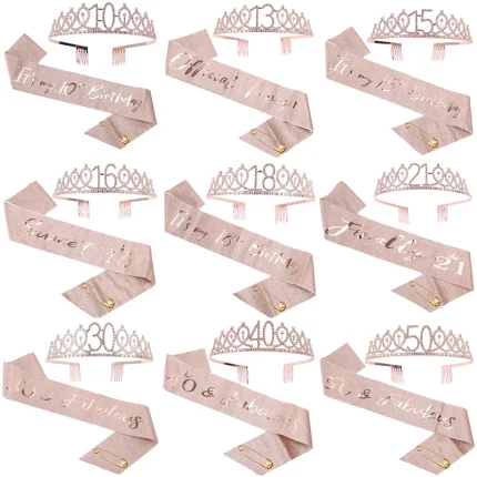 2pcs/set 13th 15th 18th Birthday Sash and Tiara for Girls Rose Gold Birthday Sash Crown for Happy Birthday Party Favor Supplies