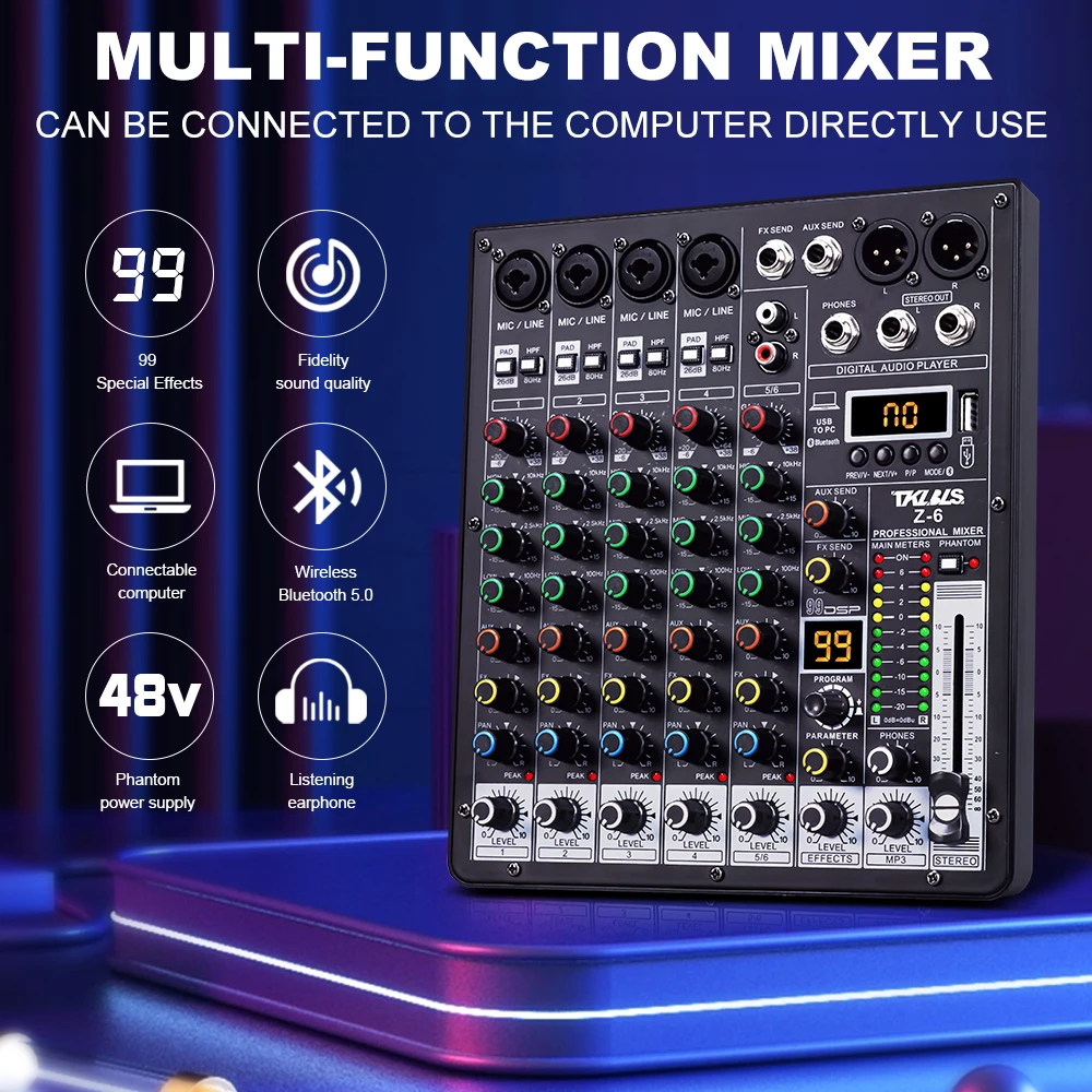 TKLBLS Professional 6-Channel 99DSP Audio Mixer 48V Phantom Power USB Studio Karaoke Bluetooth DJ Console Mixer TKLBLS Professional 6-Channel 99DSP Audio Mixer 48V Phantom Power USB Studio Karaoke Bluetooth DJ Console Mixer