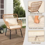 3 Piece Outdoor Wicker Bistro Set, Patio Conversation Sets w/2 Large Rattan Chairs and Tempered Glass Table, Patio Furniture 4