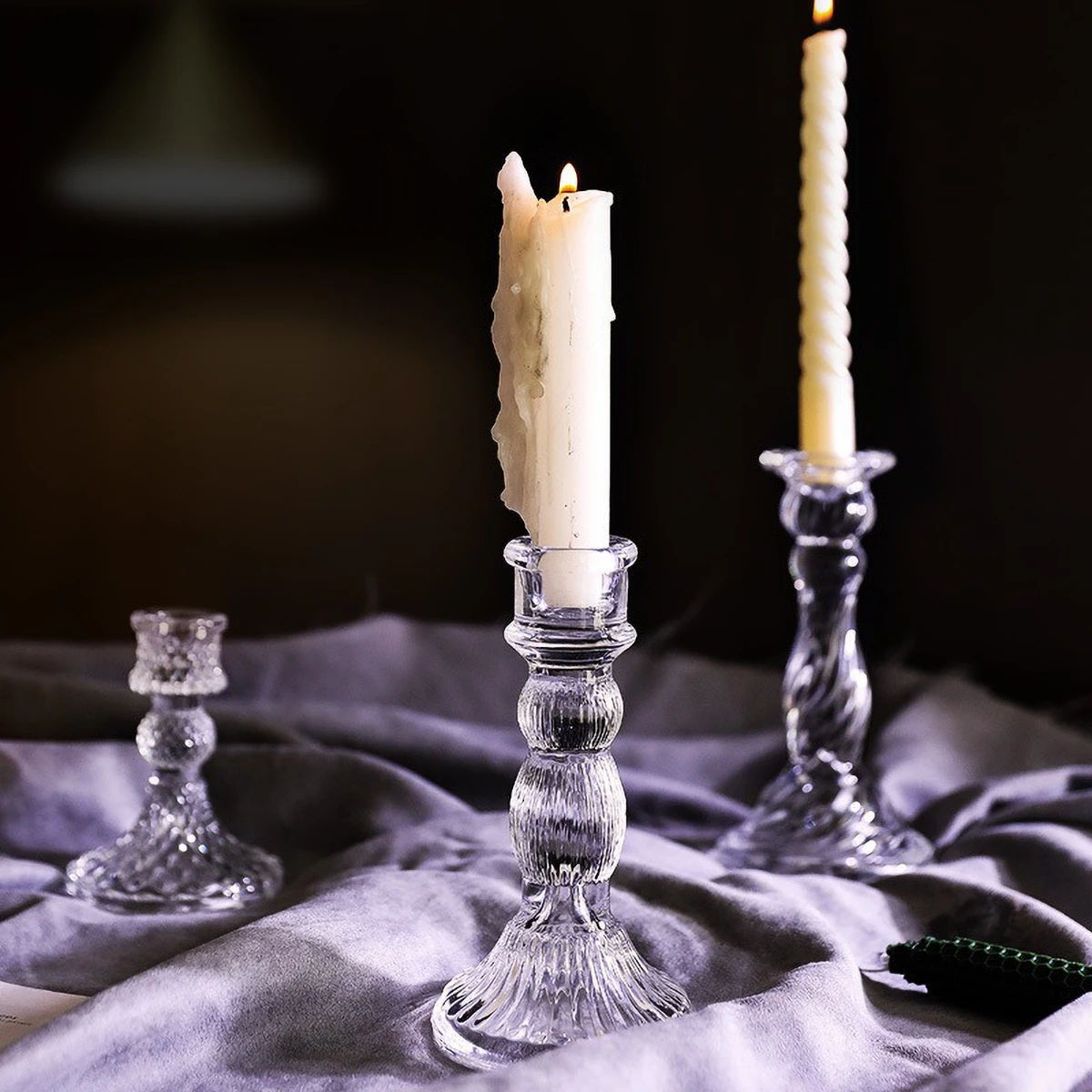 Glass Candle Wick Holder Clear Pillar Table Design Candlestick for Dining Decor Glass Candle Wick Holder Clear Pillar Table Design Candlestick for Dining Decor