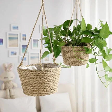 1PC Straw Hanging Basket Planter Twine Woven Flower Basket Rattan Basket Hanging Orchid Pot Pot Hanging Basin