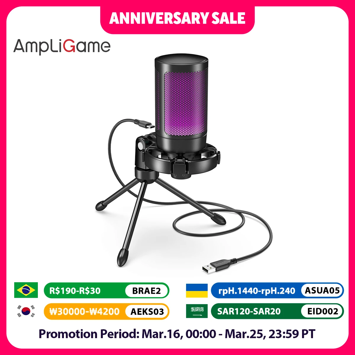 AmpliGame by FIFINE RGB USB Gaming Microphone with Light-touch Mute,Condenser Mic with Tripod for PC,PS4/5,Laptop Streaming-A2 AmpliGame by FIFINE RGB USB Gaming Microphone with Light-touch Mute,Condenser Mic with Tripod for PC,PS4/5,Laptop Streaming-A2