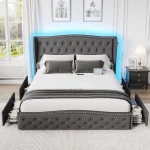 Vabches Queen Size LED Bed Frame with Storage Drawers and Charging Station, Upholstered Platform Bed Frame with Wingback Headboa 3