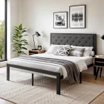 HOOMIC Metal Bed Frame with Upholstered Finely Stitched Headboard, Linen Fabric, Sturdy Foundation, No Box Spring Needed 2