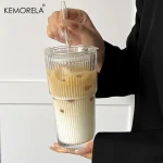 600ML Stripe Glass Coffee Cup With Lid and Without Cover Straw Transparent Drinking Glasses for Juice Iced Coffee Mugs Drinkware 2