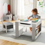 4-in-1 Kids Table & Chair Set Toddler Wooden Activity Table w/ Side Bookshelves 2