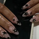 24pcs Short Almond False Nail Art Starlight Rhinestone Design Nails Tip Green Full Cover Nail Set Datachable Press on Fake Nails 5