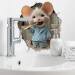 1 piece of fun little mouse brushing wall sticker, PVC bathroom sticker, self-adhesive waterproof art wall sticker, creative fan 3
