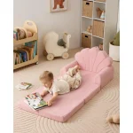 Kids Couch, 2-in-1 Soft Toddler Couch Fold Out, Toddler Chair Comfy, Convertible Sofa to Lounger, Kids Furniture for, Pink Shell 4