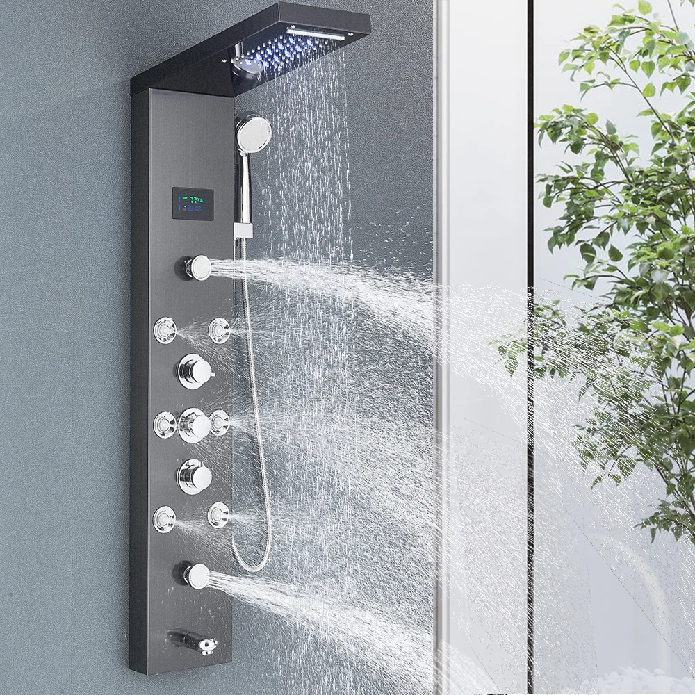 LED Shower Panel Tower System Rain Waterfall Shower Column Hydroelectricity LCD Display With Massage Body Spa Bath Shower Faucet LED Shower Panel Tower System Rain Waterfall Shower Column Hydroelectricity LCD Display With Massage Body Spa Bath Shower Faucet