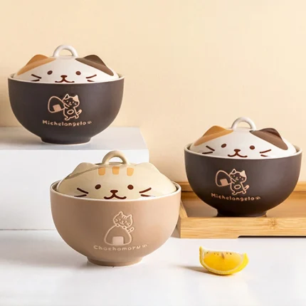 550ml Cartoon Cat Ceramic Instant Noodle Bowl With Lid Underglaze Color Soup Salad Bowl Kitchen Office Student Lunch Box 1pcs