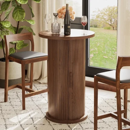36" Round Bar Table with Fluted Base & Hidden Storage for Small Kitchen Pub Bistro Living Room, Walnut, Customized