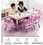 Kindergarten Kids Table and Chairs Set Toddler Height Adjustable Desk with Graffiti Desktop, Arts & Crafts Table with 6 Seats 2