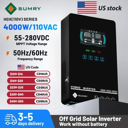 Sumry 4KW 120V Off Grid Solar Inverter 24V 140A 5600W MPPT Charger Pure Sine Wave Home Inverter 6.25 Inch LCD Display