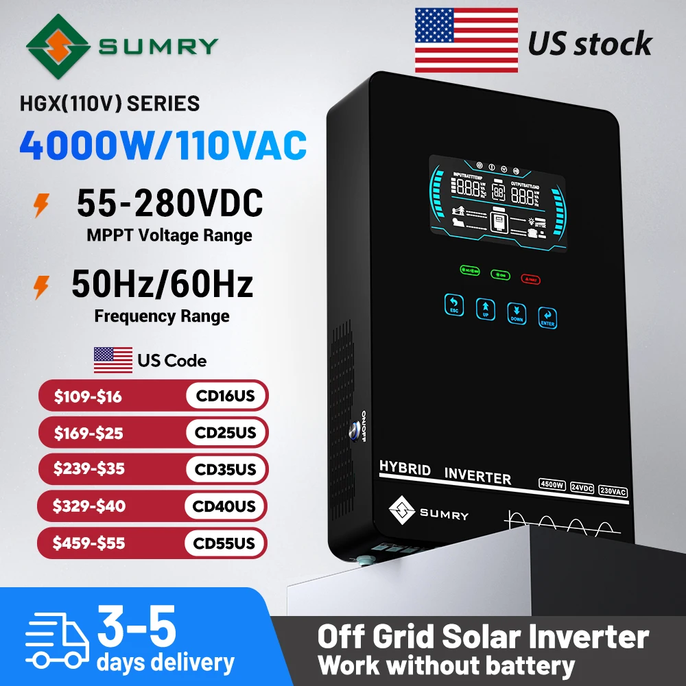 Sumry 4KW 120V Off Grid Solar Inverter 24V 140A 5600W MPPT Charger Pure Sine Wave Home Inverter 6.25 Inch LCD Display Sumry 4KW 120V Off Grid Solar Inverter 24V 140A 5600W MPPT Charger Pure Sine Wave Home Inverter 6.25 Inch LCD Display