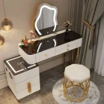 Nordic Glass Luxury Dressing Table with Smart Wireless Charging Bedroom Vanity Nightstand Makeup Table with Cloud Mirror Dresser 5