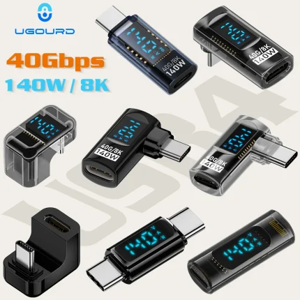 USB 4 Type C Adapter 40Gbps 140W 90 Degree USB C Adapter for Thunderbolt 4 3 Cable Connector Right Angle U Shape Digital Display