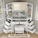 Corner Vanity Desk with Speaker 8 Drawers and 6 Shelves Modern Vanity with Mirror and Lights Makeup Vanity with Glass Top 3 Col 5