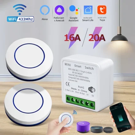 20A Tuya WiFi Smart Switch 16A RF 433Mhz Wireless Relay Receiver Mini Round Panel Switch Voice Control Alexa Google Home Alice