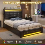 Twin Size Upholstered Bed Frame with Storage and LED Lighting, Featuring Headboard and 4 Drawers, Plus Charging Station 5