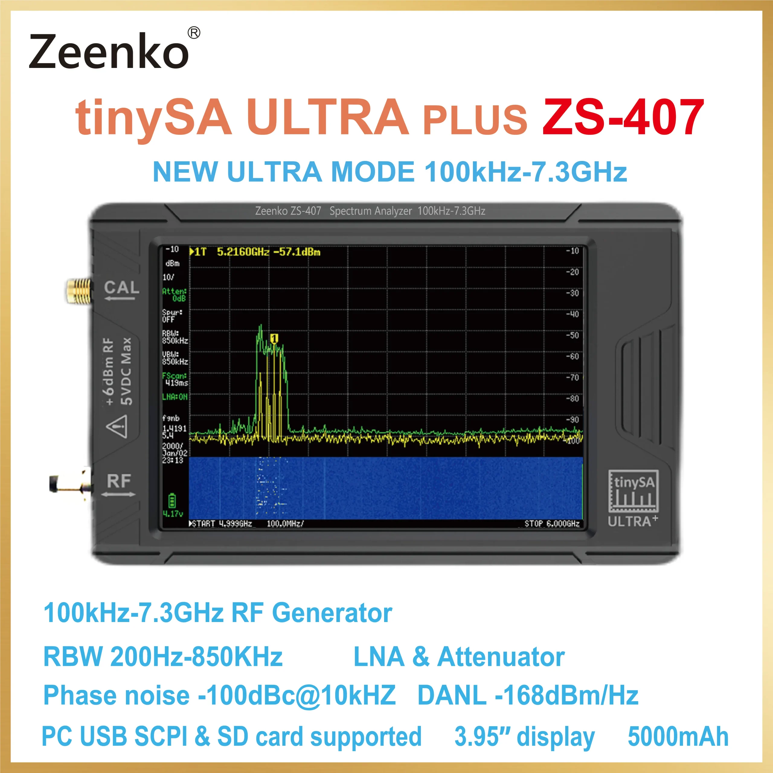 Zeenko ZS-407 Hand held tiny Spectrum analyzer tinySA ULTRA PLUS 4" display battery 5000mAh 100K-7.3GHz Zeenko ZS-407 Hand held tiny Spectrum analyzer tinySA ULTRA PLUS 4" display battery 5000mAh 100K-7.3GHz