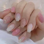 24Pcs Short Square Coffin False Nails Square Fake Nails with Glue French Glitter Wearable Acrylic Nails Set Press on Nail Tips 5