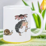 Ceramic Mug with Hedgehog Sniffing Flower & Snail Accent - Cute Garden Animals Coffee Cup, Brown Hedgehog & Pink Floral Design -