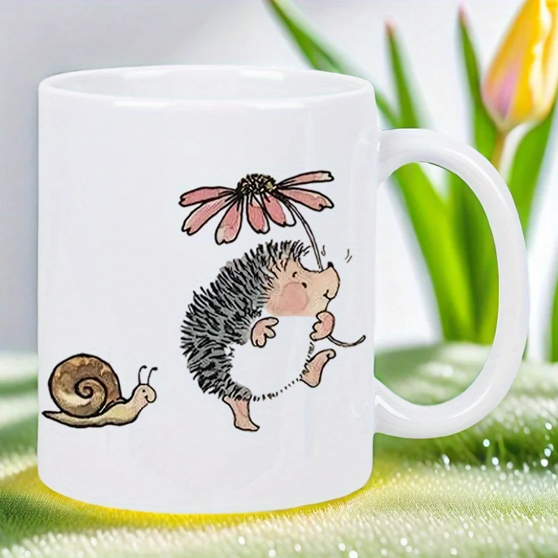 Ceramic Mug with Hedgehog Sniffing Flower & Snail Accent - Cute Garden Animals Coffee Cup, Brown Hedgehog & Pink Floral Design - Ceramic Mug with Hedgehog Sniffing Flower & Snail Accent - Cute Garden Animals Coffee Cup, Brown Hedgehog & Pink Floral Design -