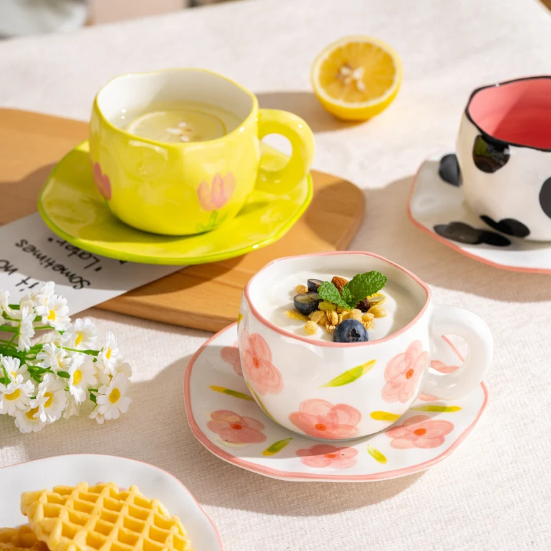 300ML Korean Style Hand Pinched Irregular Ceramic mug Hand-painted Flower Heart Coffee Cup Breakfast Milk Afternoon tea cup Gift 300ML Korean Style Hand Pinched Irregular Ceramic mug Hand-painted Flower Heart Coffee Cup Breakfast Milk Afternoon tea cup Gift