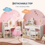 Kids Vanity with Lights, 2 in 1 Princess Makeup Vanity Desk & Chair Set, Toddler Vanity Table with Open Bookshelf for Girls 6