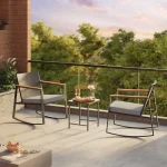 3 Pieces Rocking Patio Bistro Set with Anti-Scald Armrest, Outdoor Patio Wicker Furniture Set with Glass Table and Cushio 5
