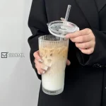 600ml Stripe Glass Cup with Lid and Straw Transparent Drinking Glasses for Juice Water and Iced Coffee Cups Mug Drinkware 2