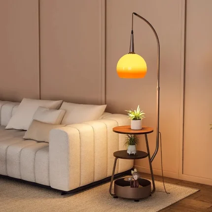 Modern Orange Floor Lamp for Living Room,Mid Century Tall Lamps with Tea Table & Storage Bucket,Fishing Standing Lamp