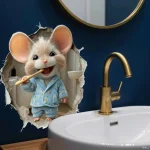 1 piece of fun little mouse brushing wall sticker, PVC bathroom sticker, self-adhesive waterproof art wall sticker, creative fan