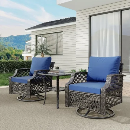 3 Piece Outdoor Swivel Chair Set, Wicker Patio Bistro Set with Thickened 25D Cushions and Glass Coffee Table, Patio Furniture C