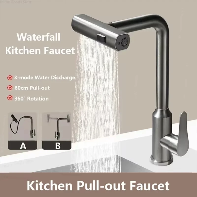 Grey/Silver Pull Out Kitchen Faucet, Flexible Hot and Cold Water Kitchen Sink Mixer Faucet Deck Mounted with Stream Shower Mode Grey/Silver Pull Out Kitchen Faucet, Flexible Hot and Cold Water Kitchen Sink Mixer Faucet Deck Mounted with Stream Shower Mode