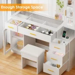 49.2" Large Vanity Desk with Mirror and Lights,White Makeup Vanity Table with Glass Top,Stool,Makeup Desk with Power Outlet 4