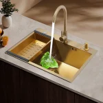 Gold Kitchen Sink,Rectangular Sink Single Bowl Sink with Draining Basket&Gold Soap Dispenser&Gold Faucet 60*45CM 4