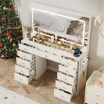 White Makeup Vanity with 11 Drawers and Glass Top Adjustable Brightness Lighting Mirror for Bedroom 3 Lighting Modes Makeup Des
