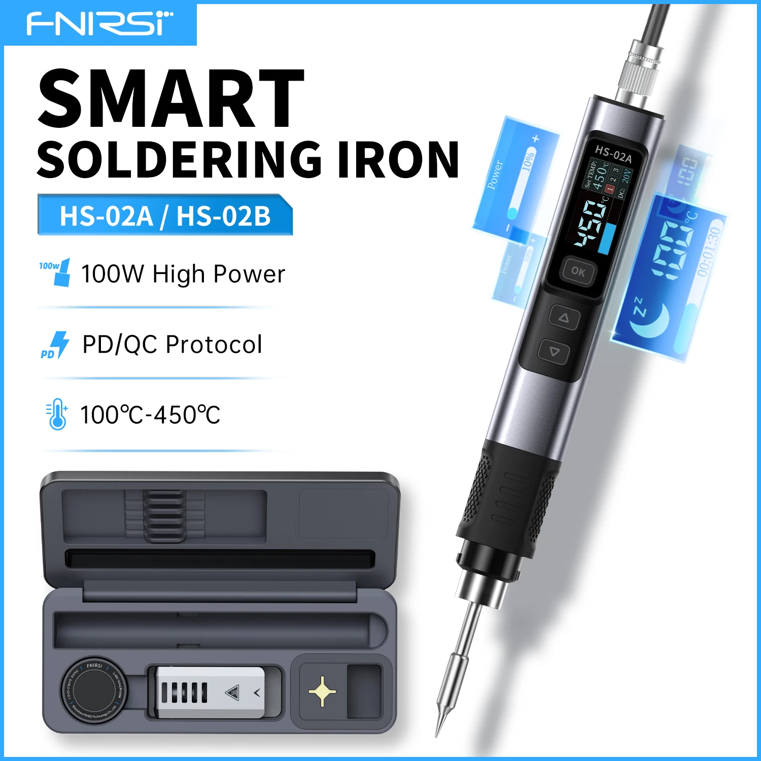 FNIRSI HS-02 Adjustable Temperature Soldering Iron DC 20V 100-450℃ Welding Solder Rework Station PD 100W Portable Repair Tool FNIRSI HS-02 Adjustable Temperature Soldering Iron DC 20V 100-450℃ Welding Solder Rework Station PD 100W Portable Repair Tool