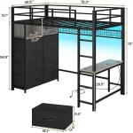Twin Loft Bed with Desk & 8 Storage Drawers Tall Dresser, Black Metal Loft Bed with LED Lights & Charging Station, 2-Tier 2
